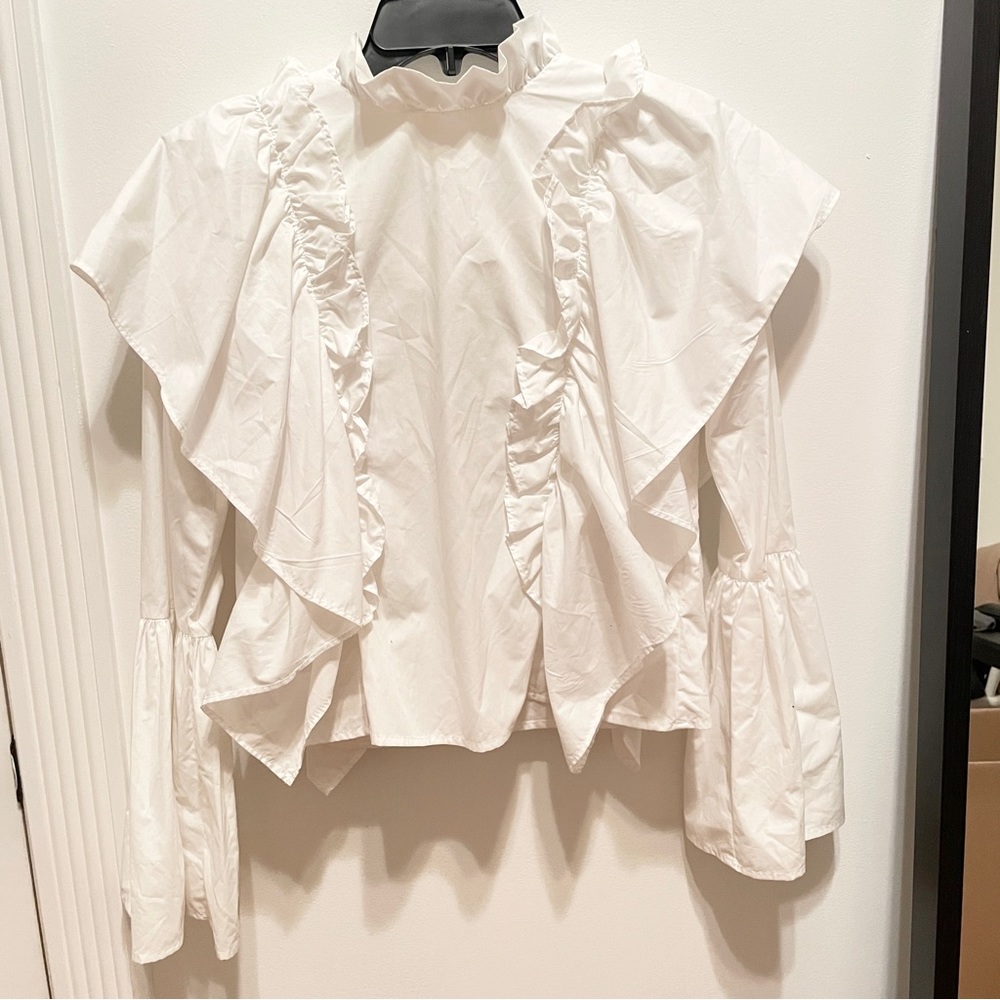Missguided ruffle long sleeve high neck top white